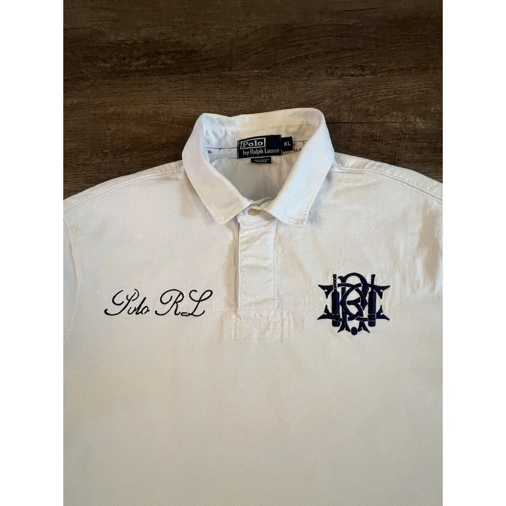 Rare Vintage POLO RALPH LAUREN Spell Out Scribble Polo Shirt 90s‎  White XL B29